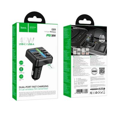 Bluetooth FM Transmitter Hoco E89 Libre 45W με 2xUSB-A και 1xUSB-C PD30W BT v5.4 Υποστηρίζει Αναπαραγωγή Μουσικής απο USB ή Κάρτ