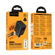 Φορτιστής Ταξιδίου Hoco N75 Grande GaN 65W High Power Fast Charge με 2xUSB-C 1xUSB-A και Καλώδιο USB-C σε USB-C 60W Μαύρος