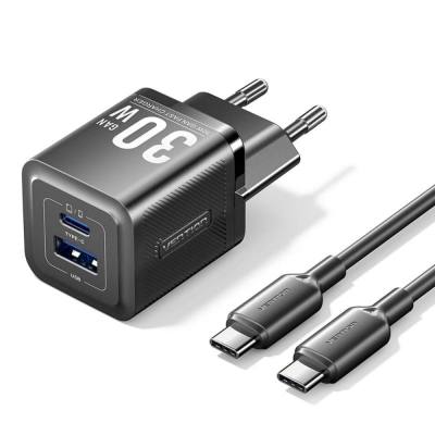 VENTION 2-Port USB (C + A) GaN Charger (30W/30W) with 3A USB-C to USB-C Cable (1M) EU-Plug Gray (TZ-FCEH0-EU) (VENTZ-FCEH0-EU)