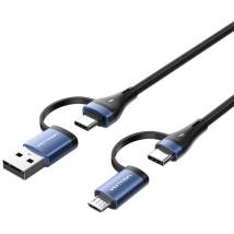 VENTION 4-in-1 Cotton Braided USB 2.0 Type-A Male + USB-C Male to USB-C Male + Micro Type-B Male 5A Cable 1M Blue Aluminum Alloy