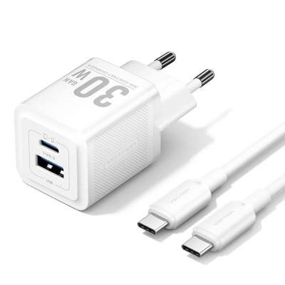 VENTION 2-Port USB (C + A) GaN Charger (70W/22.5W) with 5A USB-C to USB-C Cable (1M) EU-Plug White (TZ-FCGW0-EU) (VENTZ-FCGW0-EU