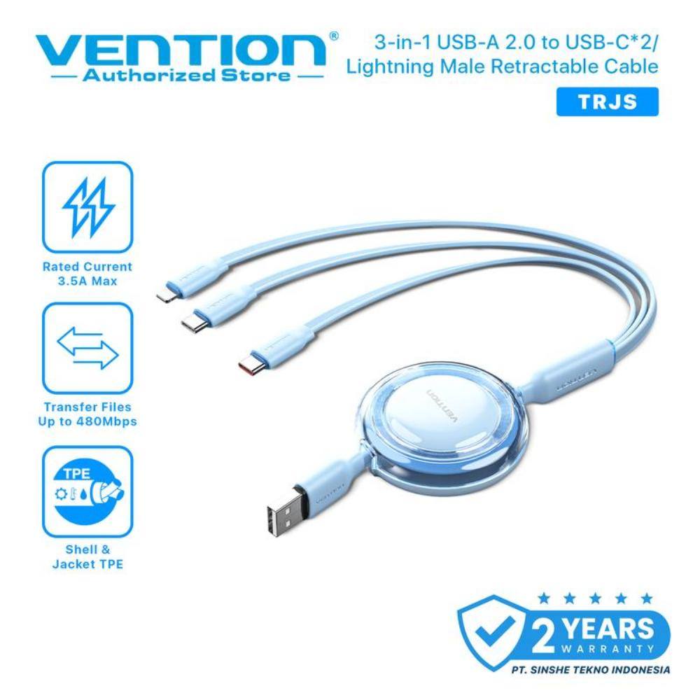 VENTION 3-in-1 USB 2.0 Type-A Male to USB-C Male + USB-C Male + Lightning Male 3.5A Retractable Cable 1.1M Blue (TRJSBE) (VENTRJ