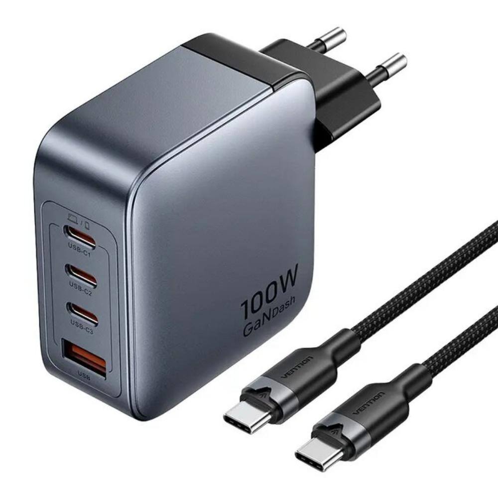 VENTION 4-Port USB (C + C + C + A) GaN Charger (100W/100W/30W/30W) Gray with USB-C to USB-C Cable (1M) Black EU-Plug (TZ-FETH0-E
