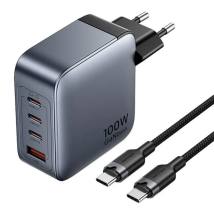 VENTION 4-Port USB (C + C + C + A) GaN Charger (100W/100W/30W/30W) Gray with USB-C to USB-C Cable (1M) Black EU-Plug (TZ-FETH0-E