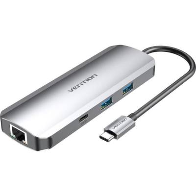 VENTION Multi-function USB-C to HDMI/USB-C Gen 1/USB3.0x2/RJ45/SD/TF/TRRS 3.5mm/PD Docking Station 0.15M Gray Aluminum Alloy Typ