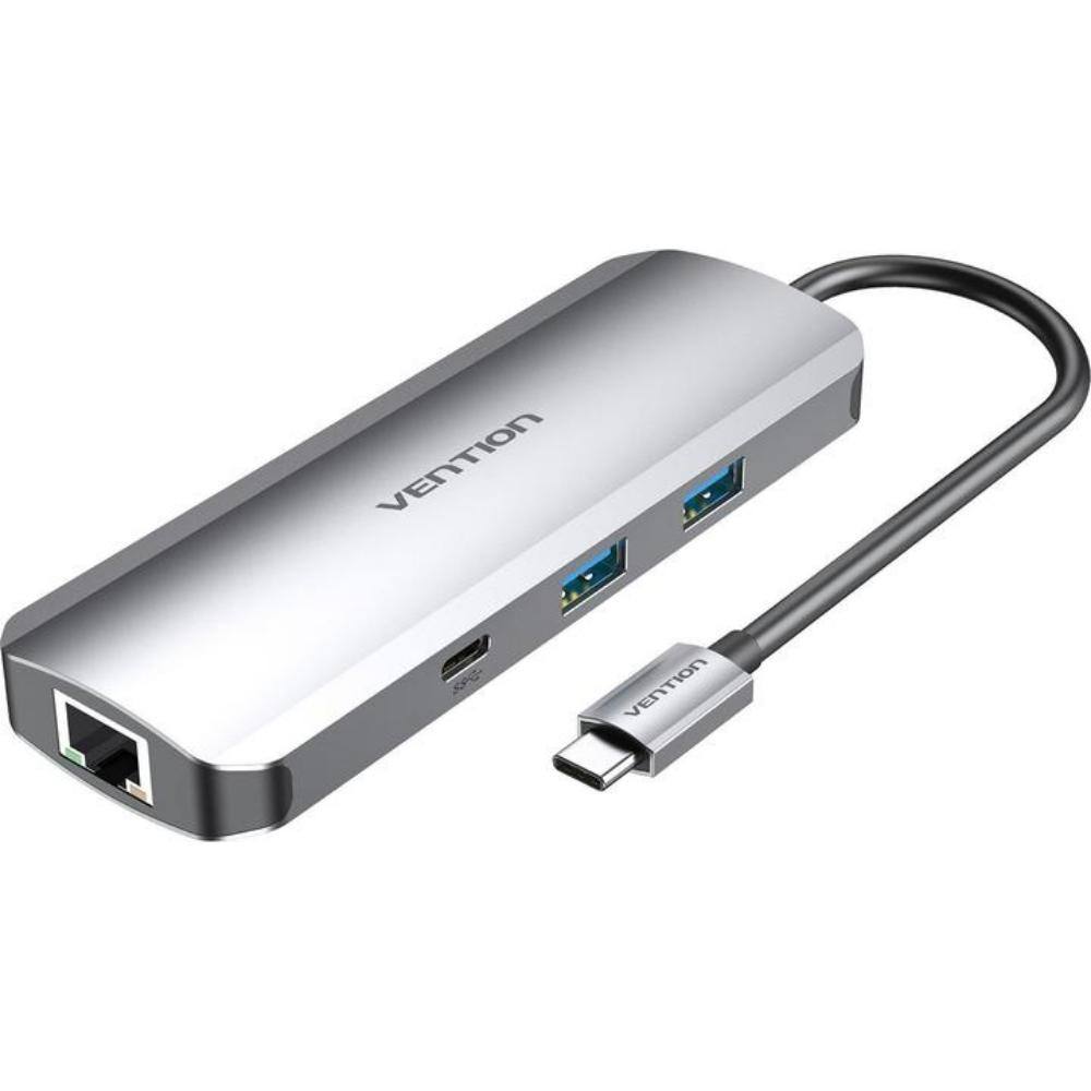 VENTION Multi-function USB-C to HDMI/USB-C Gen 1/USB3.0x2/RJ45/SD/TF/TRRS 3.5mm/PD Docking Station 0.15M Gray Aluminum Alloy Typ