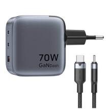 VENTION 3-Port USB (C+C+A) GaN Charger (70W/70W/22.5W) Gray with USB-C to USB-C Cable (1M) Black EU-Plug (TZ-FEXH0-EU) (VENTZ-FE