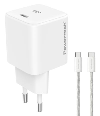 POWERTECH φορτιστής τοίχου PT-1577 με καλώδιο, USB-C, 65W, GaN, AVS, λευκός