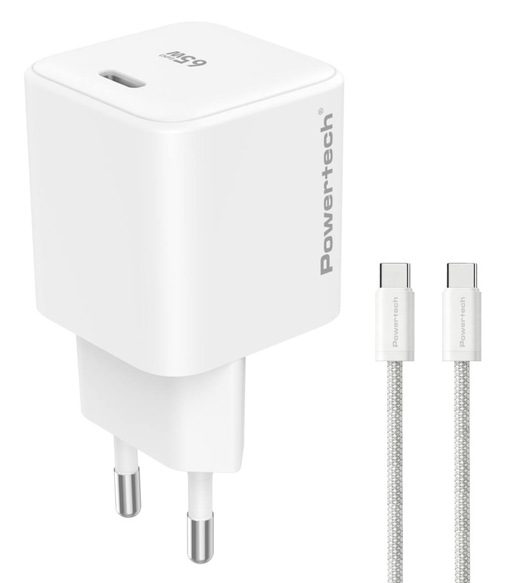 POWERTECH φορτιστής τοίχου PT-1577 με καλώδιο, USB-C, 65W, GaN, AVS, λευκός