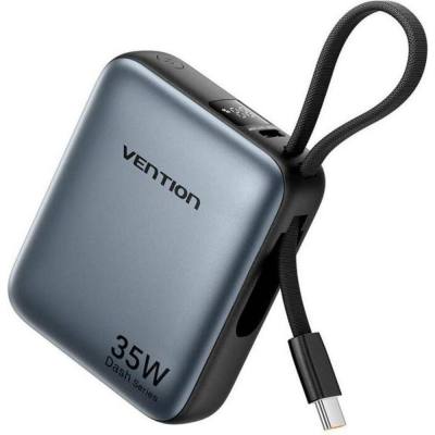 VENTION 10000mAh Mini Power Bank (USB-C + USB-C) with Built-in USB-C Cable 35W Gray Universal Type (FHEN0-TY) (VENFHEN0-TY)