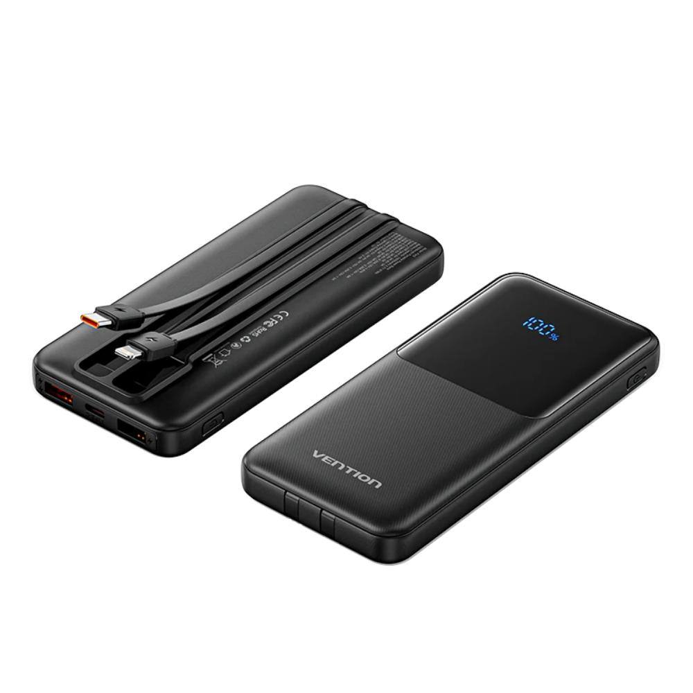 VENTION 10000mAh Power Bank (Micro-USB + USB-C + USB-A/USB-A) with Built-in USB-C and Lightning Cables 22.5W Black LED Display U