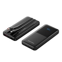 VENTION 10000mAh Power Bank (Micro-USB + USB-C + USB-A/USB-A) with Built-in USB-C and Lightning Cables 22.5W Black LED Display U