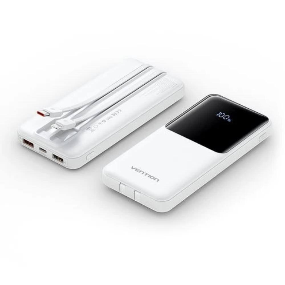 VENTION 10000mAh Power Bank (Micro-USB + USB-C + USB-A/USB-A) with Built-in USB-C and Lightning Cables 22.5W White LED Display U