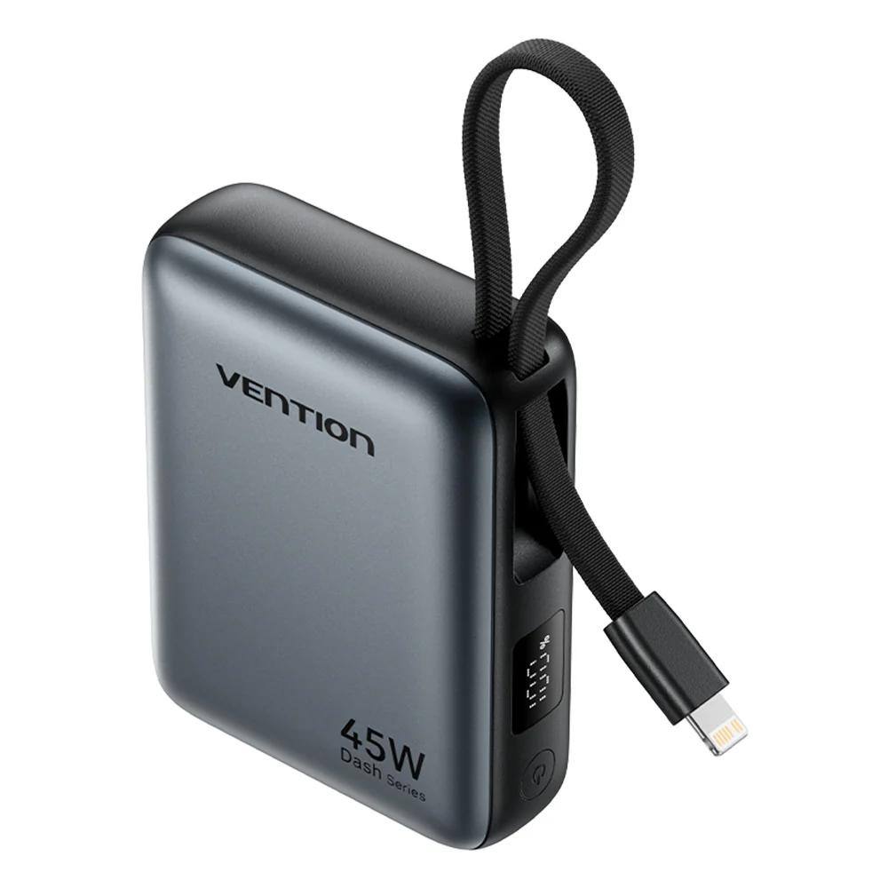 VENTION 10000mAh Mini Power Bank (USB-C + USB-C/Lightning) with Built-in USB-C and Lightning Cables 45W Gray (FKMH0) (VENFKMH0)