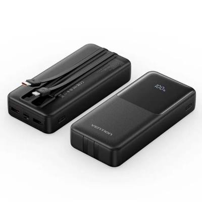 VENTION 20000mAh Power Bank (Micro-USB + USB-C + USB-A/USB-A) with Built-in USB-C and Lightning Cables 22.5W Black LED Display U