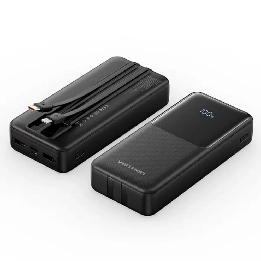 VENTION 20000mAh Power Bank (Micro-USB + USB-C + USB-A/USB-A) with Built-in USB-C and Lightning Cables 22.5W Black LED Display U