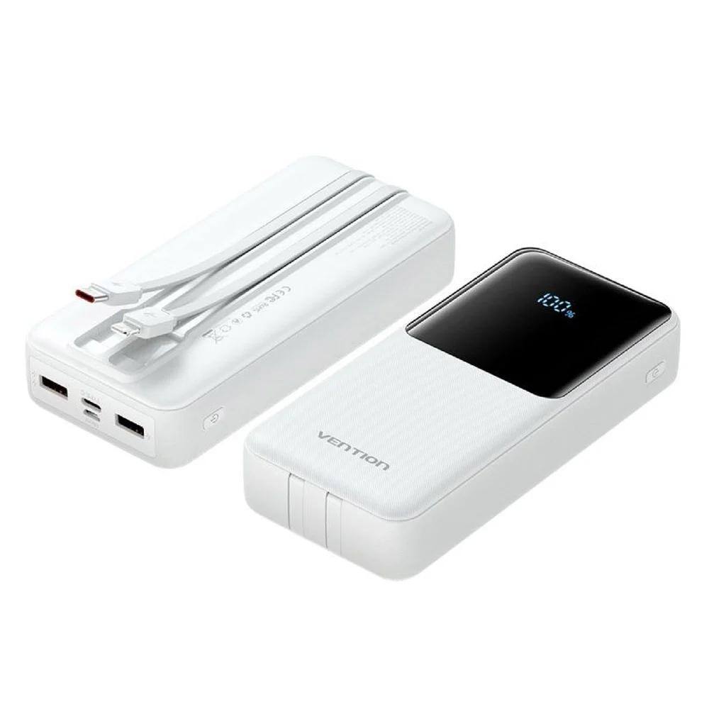 VENTION 20000mAh Power Bank (Micro-USB + USB-C + USB-A/USB-A) with Built-in USB-C and Lightning Cables 22.5W White LED Display U