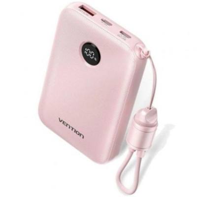 VENTION 10000mAh Power Bank (USB-C + USB-C/USB-C/USB-A) with Built-in USB-C to USB-C Cable 22.5W Pink LED Display Universal Type