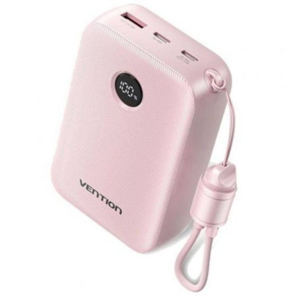 VENTION 20000mAh Power Bank (USB-C + USB-C/USB-C/USB-A) with Built-in USB-C to USB-C Cable 22.5W Pink LED Display Universal Type