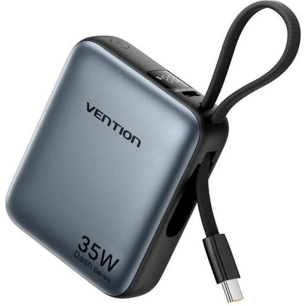VENTION 10000mAh Mini Power Bank (USB-C + USB-C) with Built-in USB-C Cable 35W Gray Universal Type (FHEH0-TY) (VENFHEH0-TY)