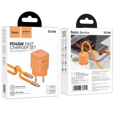 Φορτιστής Ταξιδίου Hoco DC148 Ridge 1xUSB-C PD45W GaN QC με Καλώδιο USB-C σε USB-C 1.2m Braided Πορτοκαλί