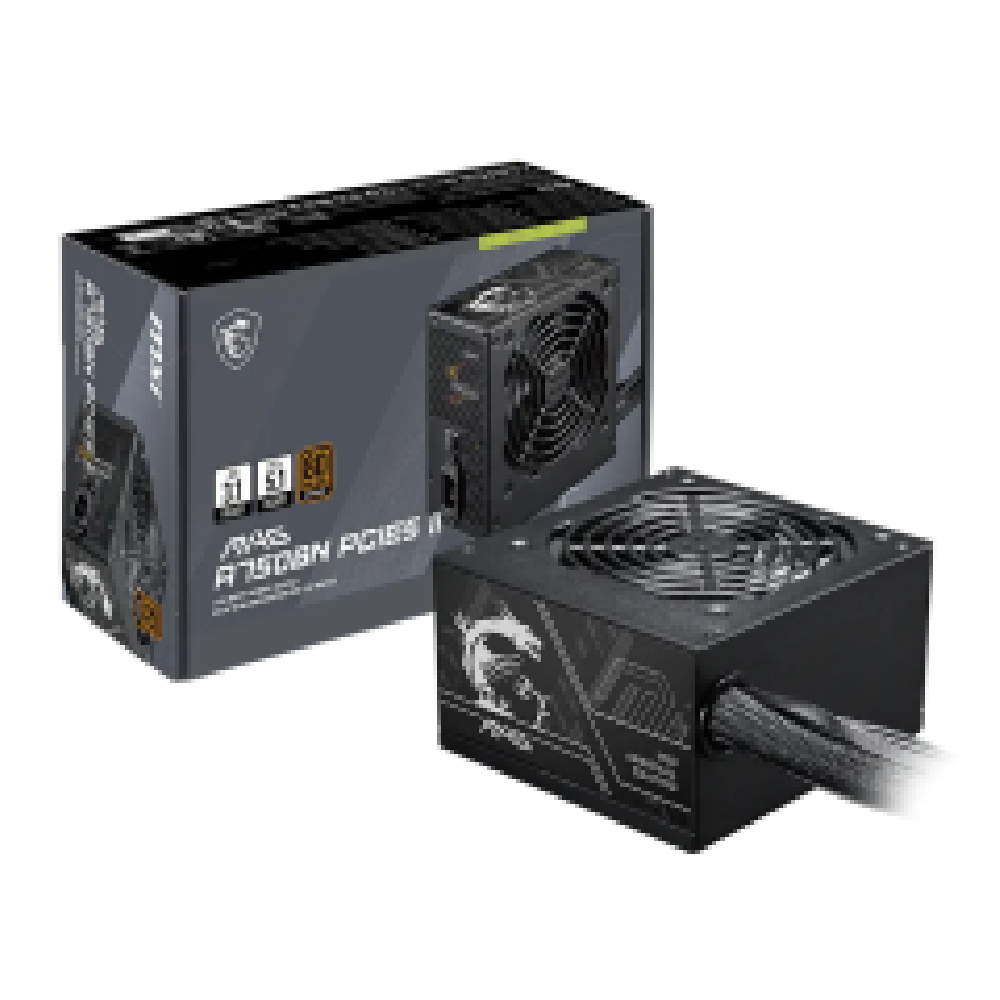 MSI PSU 750W MAG A750BN PCIE5 II, 80+ BRONZE CERTIFIED, HYDRUALIC BEARING 120MM QUIET & COOL FAN, 5YW.