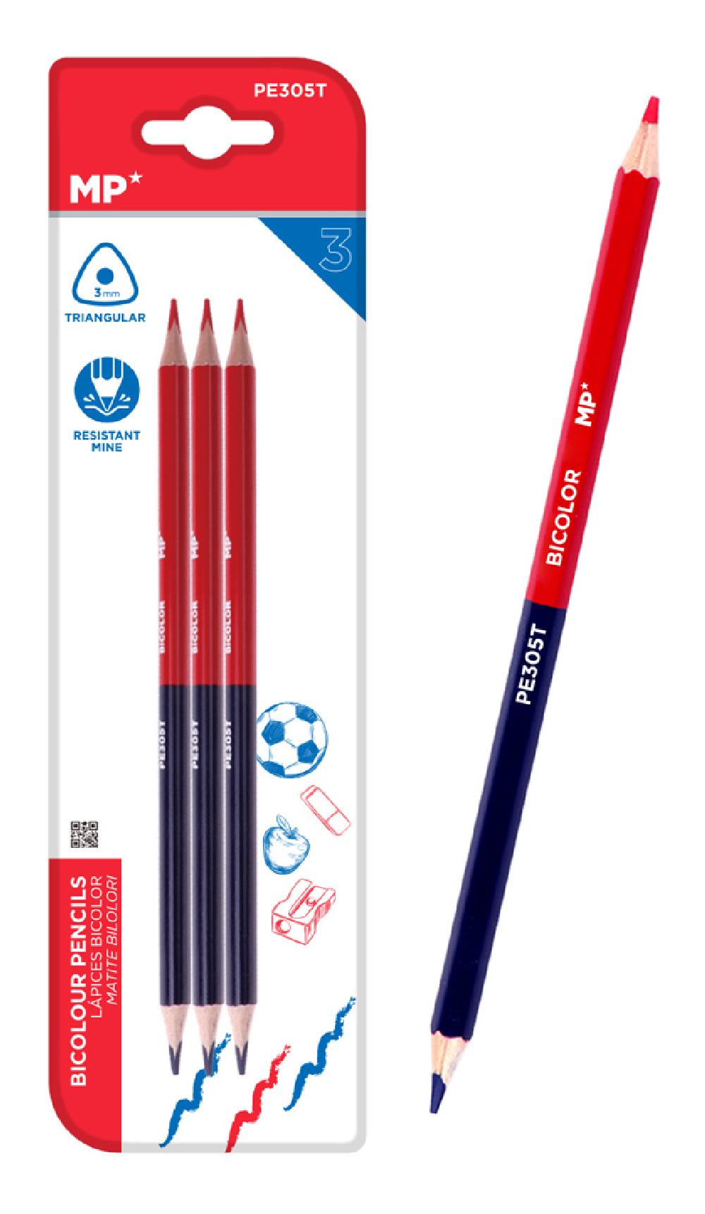 MP ξυλομπογιά με διπλή μύτη PE305T, 3mm μύτη, τρίγωνο, μπλε/κόκκινο, 3τμχ