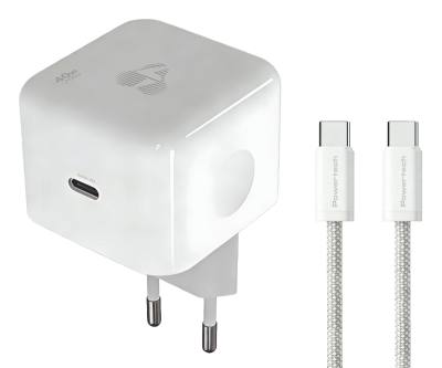 POWERTECH φορτιστής τοίχου PT-1581 με καλώδιο, USB-C, 40 έως 60W, GaN, AVS, λευκός