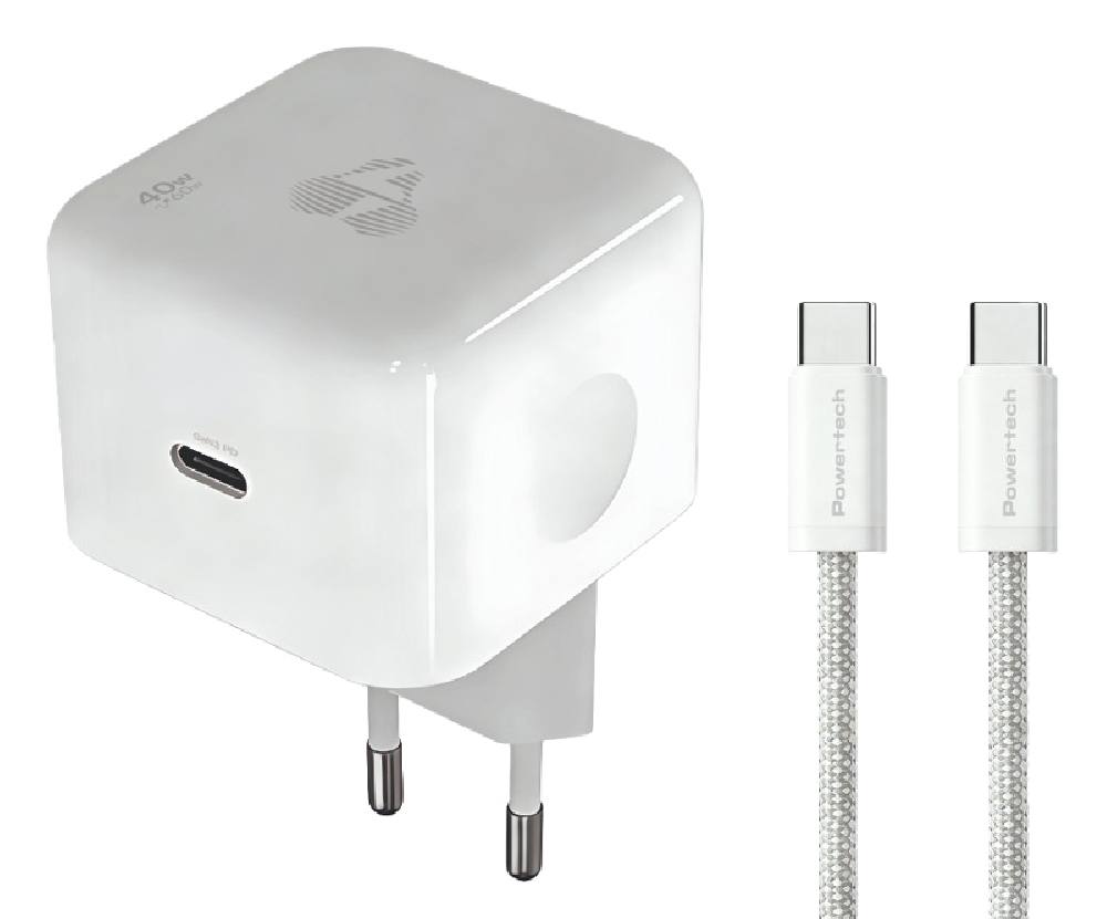 POWERTECH φορτιστής τοίχου PT-1581 με καλώδιο, USB-C, 40 έως 60W, GaN, AVS, λευκός