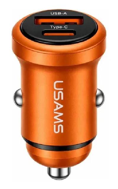 USAMS φορτιστής αυτοκινήτου CC322, USB & USB-C, 30W, πορτοκαλί