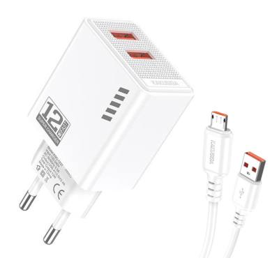 KAKUSIGA φορτιστής τοίχου KSC-1238 με καλώδιο micro USB, 2x USB, 12W, λευκός
