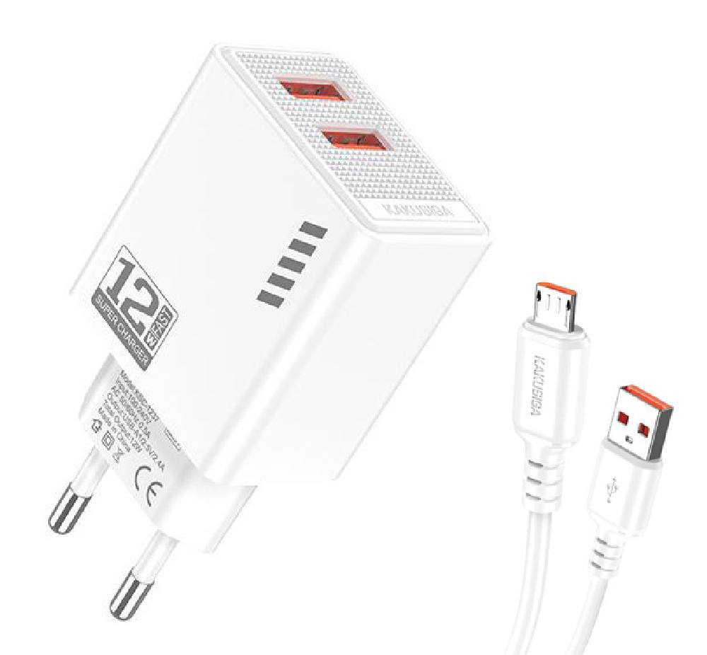 KAKUSIGA φορτιστής τοίχου KSC-1238 με καλώδιο micro USB, 2x USB, 12W, λευκός