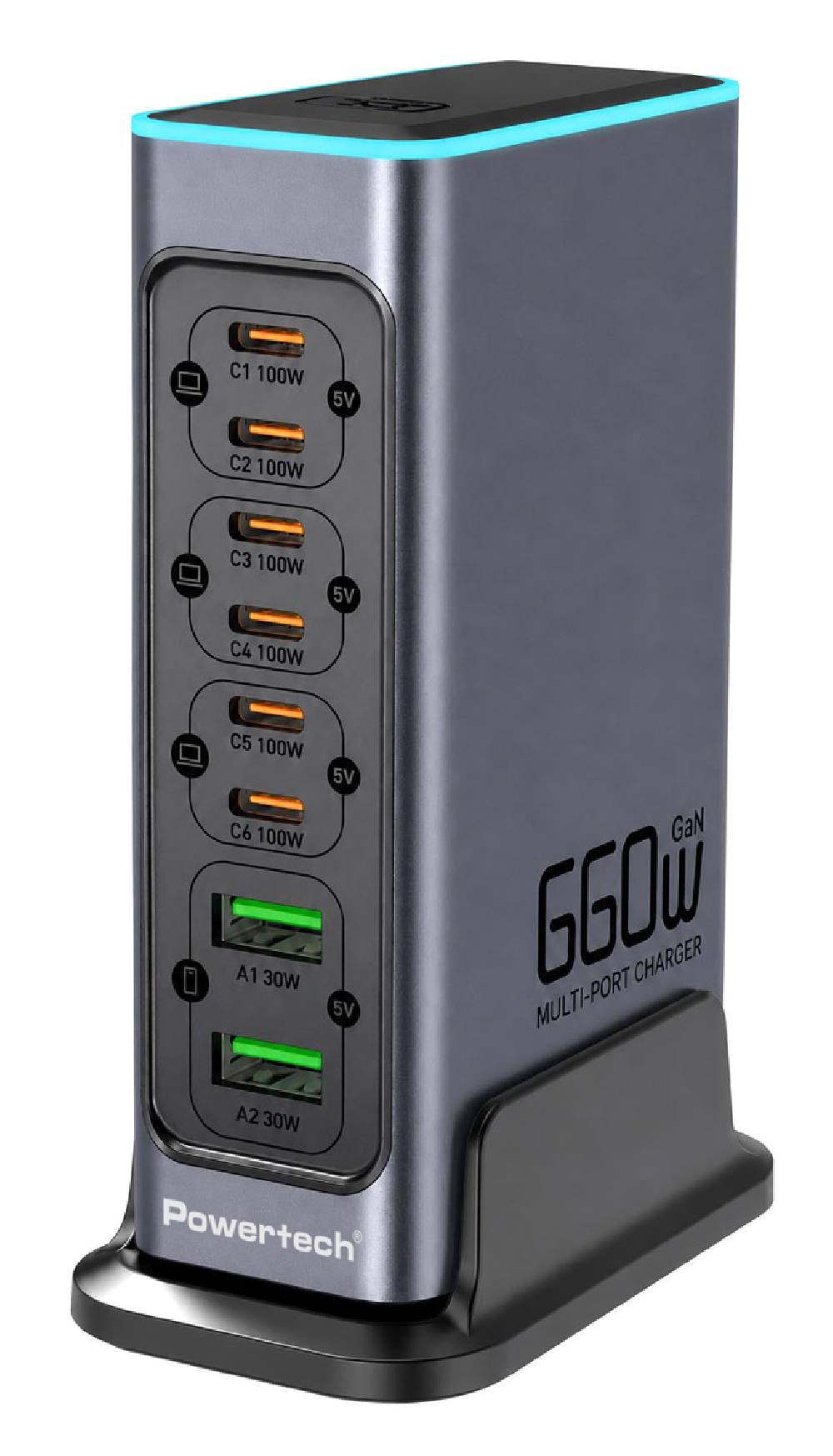 POWERTECH σταθμός φόρτισης PT-1621, 2x USB & 6x USB-C, GaN, 140W, γκρι