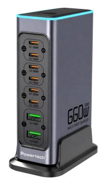 POWERTECH σταθμός φόρτισης PT-1621, 2x USB & 6x USB-C, GaN, 140W, γκρι