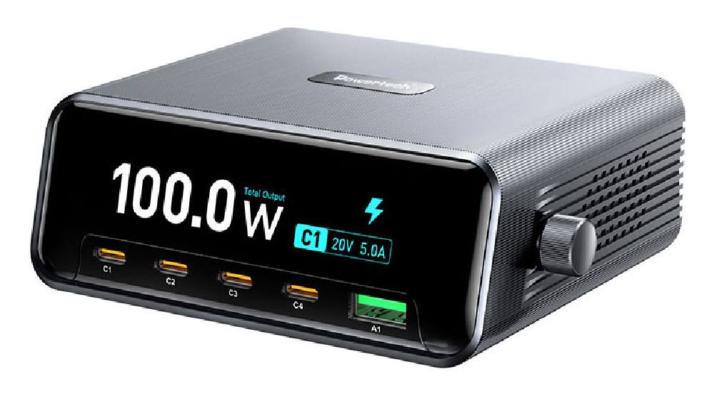 POWERTECH σταθμός φόρτισης PT-1622 με οθόνη, USB & 4x USB-C, GaN, 100W, ασημί