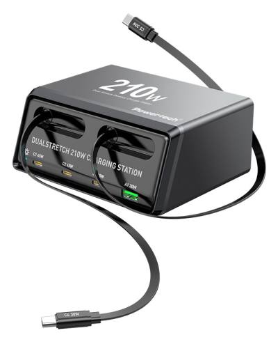 POWERTECH σταθμός φόρτισης PT-1623, USB/3x USB-C/2x USB-C καλώδια, GaN, 160W, μαύρος