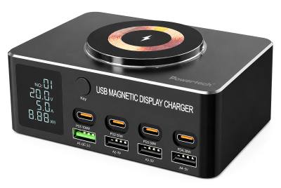 POWERTECH σταθμός φόρτισης PT-1625 με οθόνη, 4x USB/4x USB-C/wireless, 140W, μαύρος