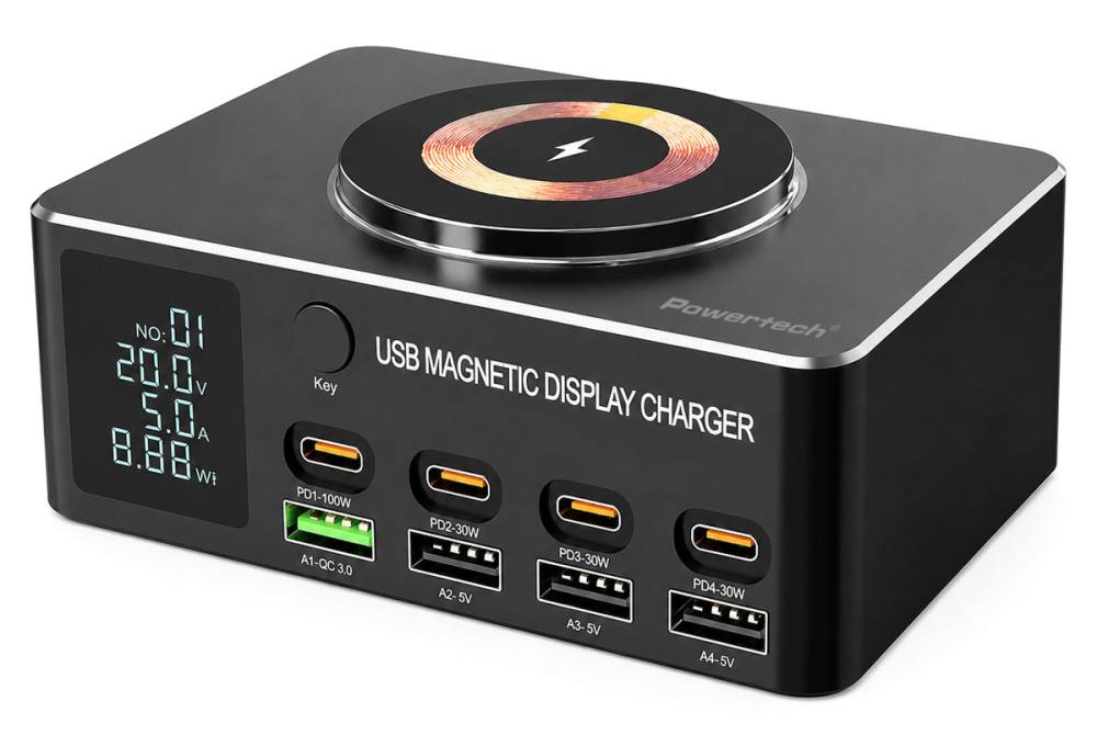 POWERTECH σταθμός φόρτισης PT-1625 με οθόνη, 4x USB/4x USB-C/wireless, 140W, μαύρος