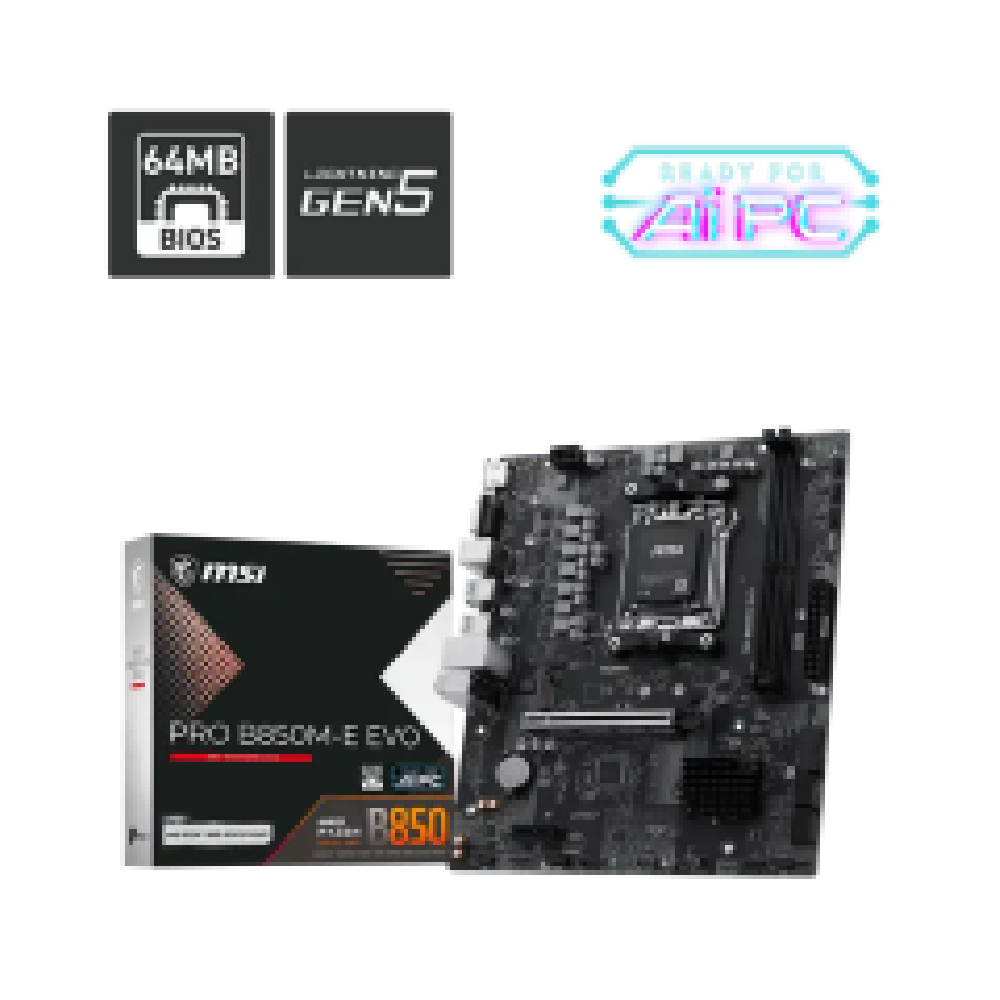 MSI MB PRO B850M-E EVO, SOCKET AMD AM5, CS AMD B850, 2 DIMM SOCKETS DDR5, HDMI/ VGA, PCI-E GEN 5.0, 2.5G LAN, MICRO-ATX, 3YW.