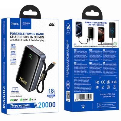 Power Bank Hoco Q54 Shine 20000mAh PD45W QC3.0 1xUSB-C 1xUSB-A με Ενσωματωμένο Καλώδιο USB-C και LED Ένδειξη Μαύρο