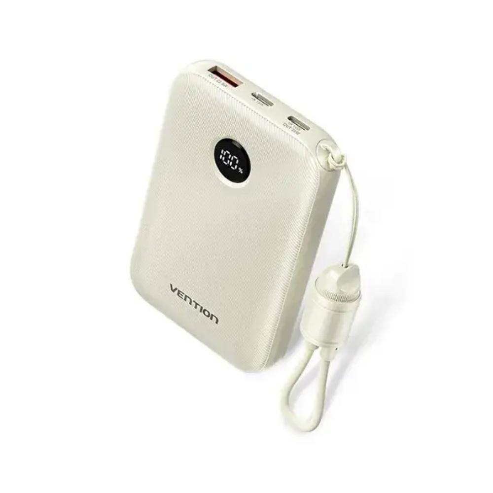 VENTION 10000mAh Power Bank (USB-C + USB-C/USB-C/USB-A) with Built-in USB-C to USB-C Cable 22.5W Beige LED Display Universal Typ