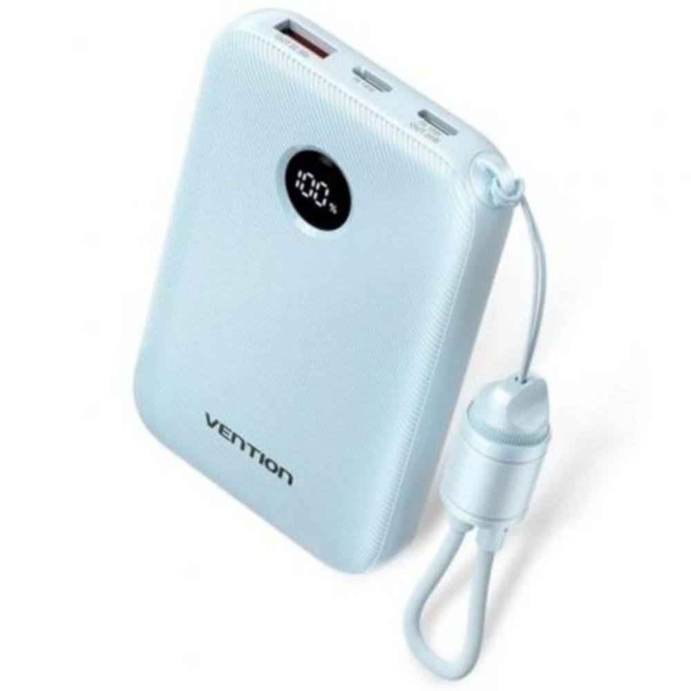 VENTION 10000mAh Power Bank (USB-C + USB-C/USB-C/USB-A) with Built-in USB-C to USB-C Cable 22.5W Blue LED Display Type (FKAL0-C)
