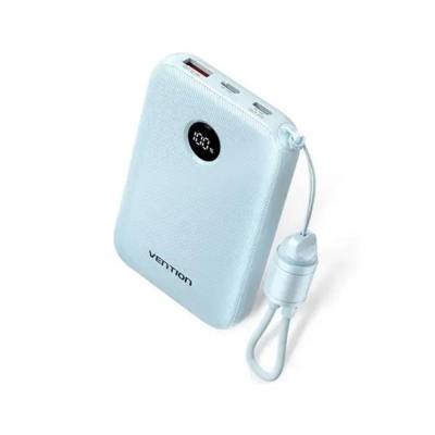 VENTION 10000mAh Power Bank (USB-C + USB-C/USB-C/USB-A) with Built-in USB-C to USB-C Cable 22.5W Blue LED Display Universal Type