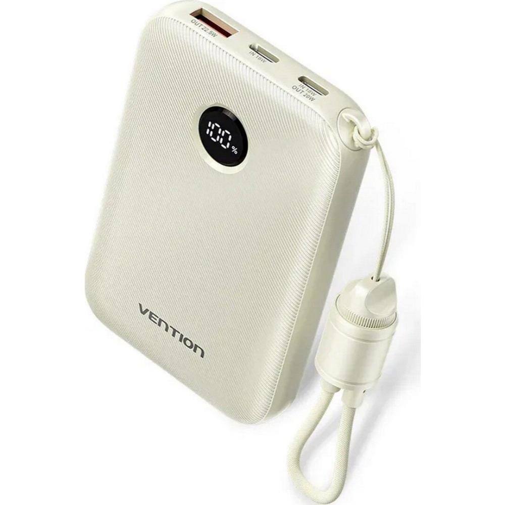 VENTION 10000mAh Power Bank (USB-C + USB-C/USB-C/USB-A) with Built-in USB-C to USB-C Cable 22.5W Beige LED Display Type (FKAN0-C