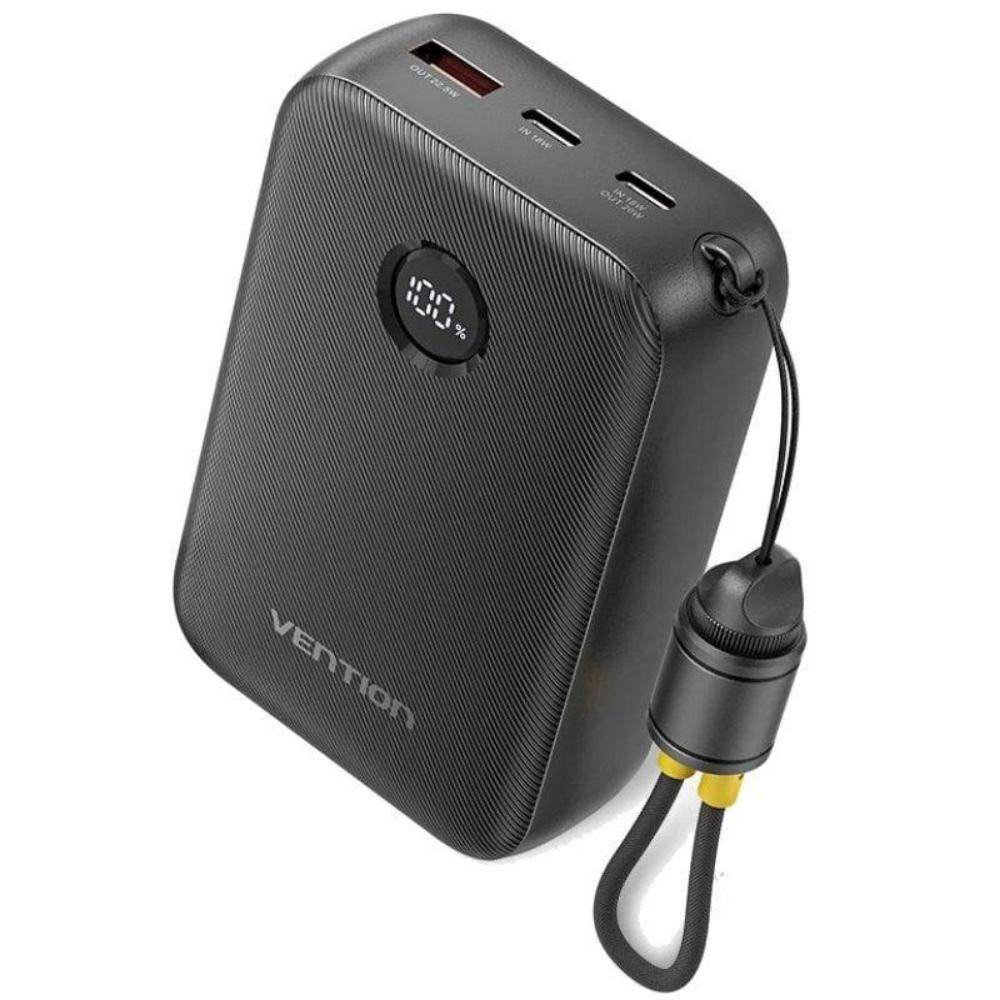 VENTION 20000mAh Power Bank (USB-C + USB-C/USB-C/USB-A) with Built-in USB-C to USB-C Cable 22.5W Black LED Display Universal Typ