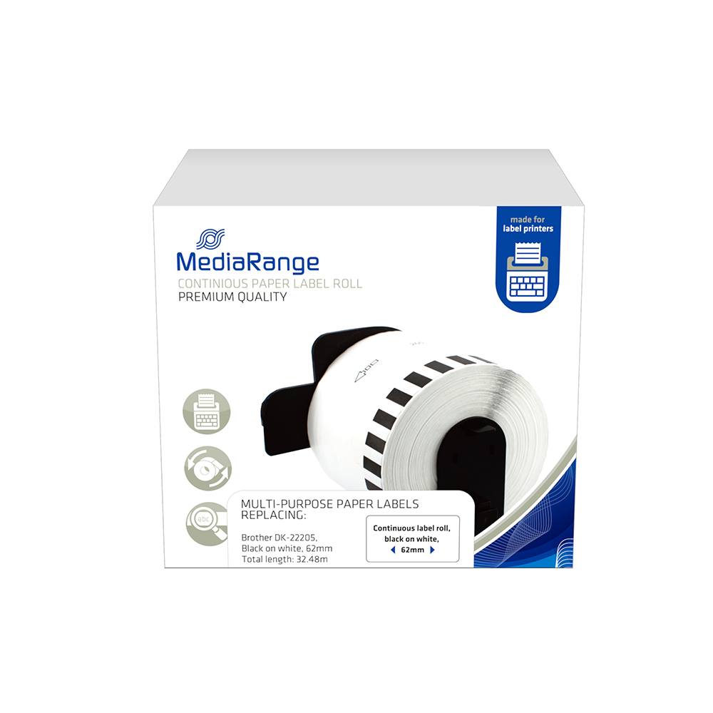 Ταινία Ετικετογράφου MediaRange (Brother DK-22205) 62 mm x 30.48 m (Μαύρα Γράμματα σε Λευκό Φόντο)