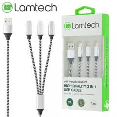 LAMTECH HIGH QUALITY 3 IN 1 USB CABLE WITH METALLIC SHELL SILVER 1M