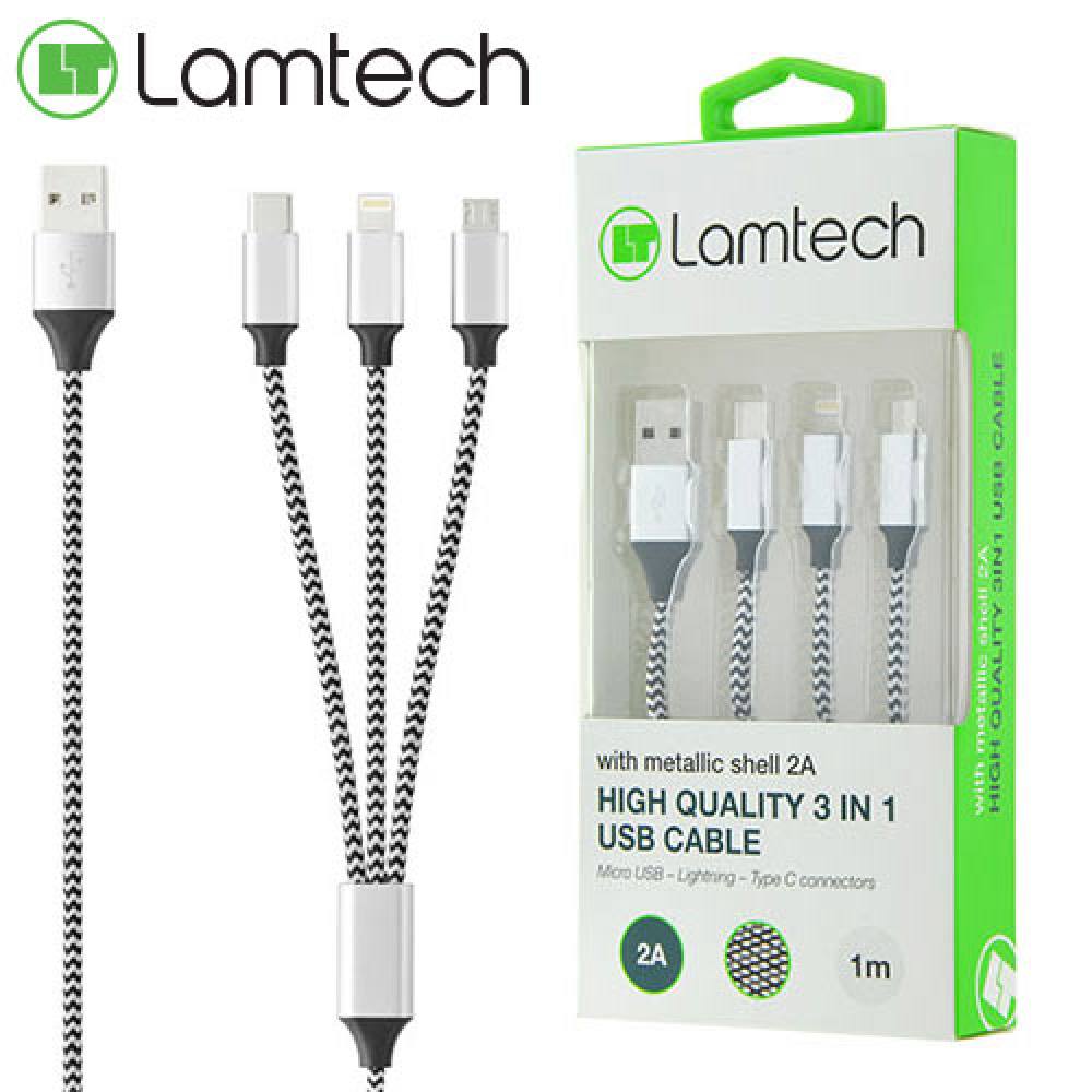 LAMTECH HIGH QUALITY 3 IN 1 USB CABLE WITH METALLIC SHELL SILVER 1M