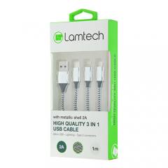 LAMTECH HIGH QUALITY 3 IN 1 USB CABLE WITH METALLIC SHELL SILVER 1M