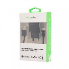 LAMTECH QUICK CHARGER USB3.0 18W WITH TYPE-C CABLE 1M BLACK